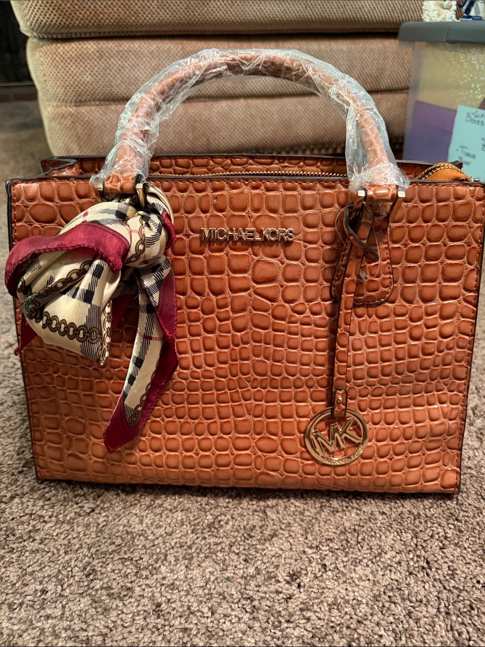 Michael Kors Cognac Croc-Embossed Leather Satchel with Scarf Accent